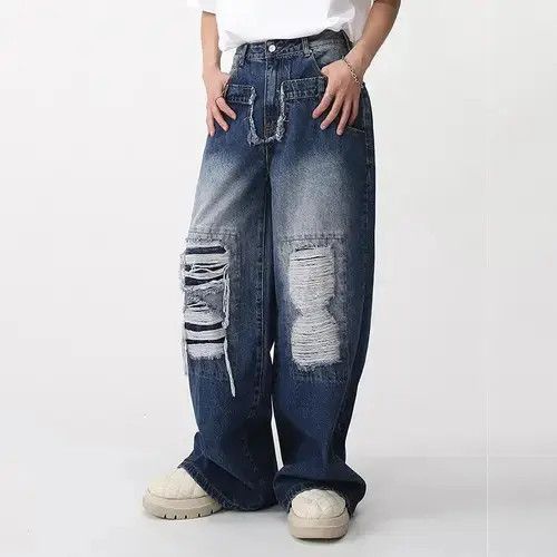 Other Men Ripped Wide Leg Distressed Denim Jeans Size US 33 - 3 Thumbnail
