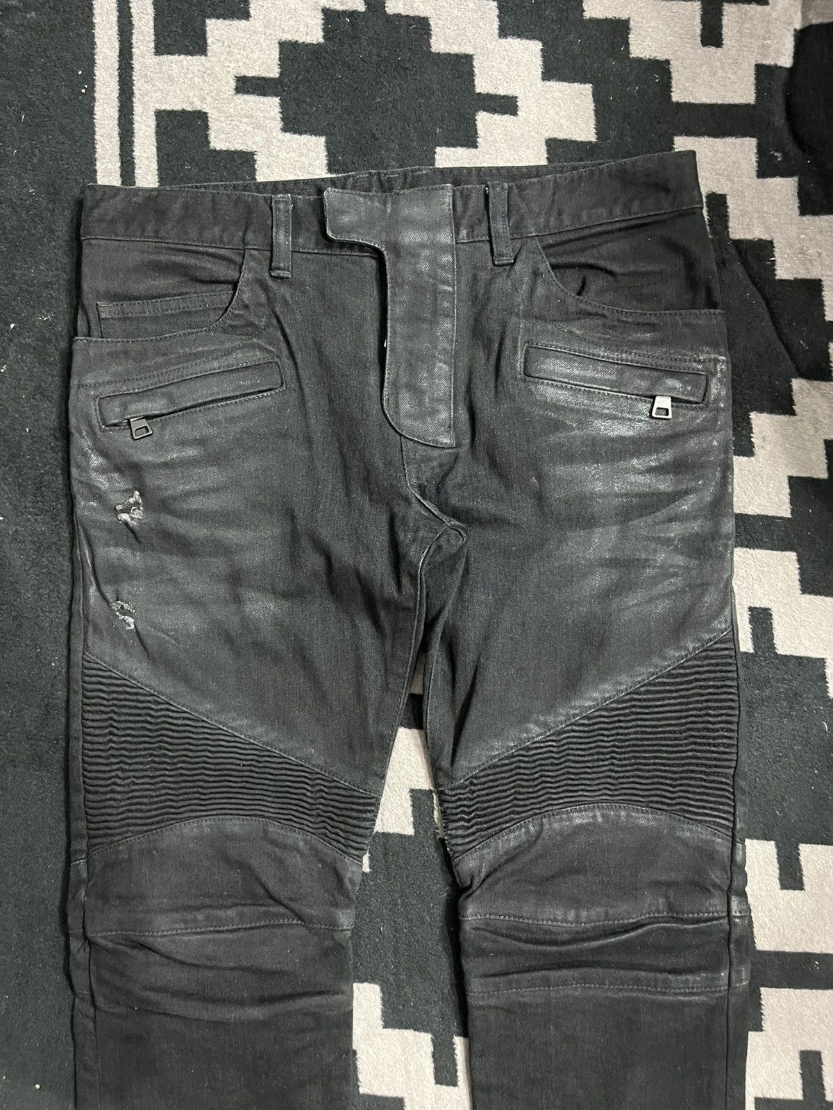 Balmain Christophe Decarnin black waxed distressed biker jeans Size US 31 - 4 Thumbnail