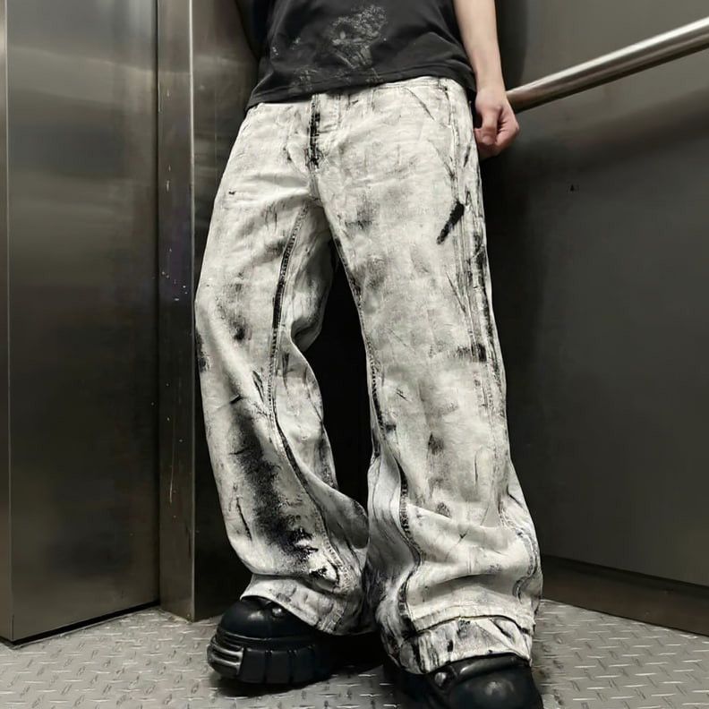 Japanese Brand Custom white Baggy Distressed Jeans Painted Wide Leg Size US 31 - 1 Thumbnail
