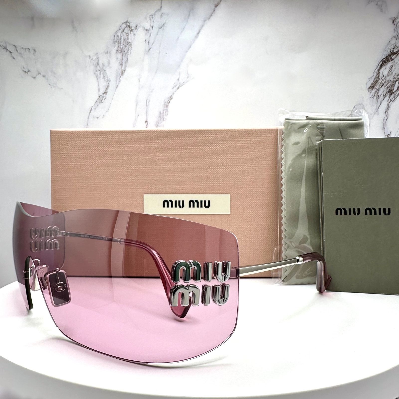 New Miu Miu Sunglasses Silver Pink Mirror Rimless Wrap, Women's