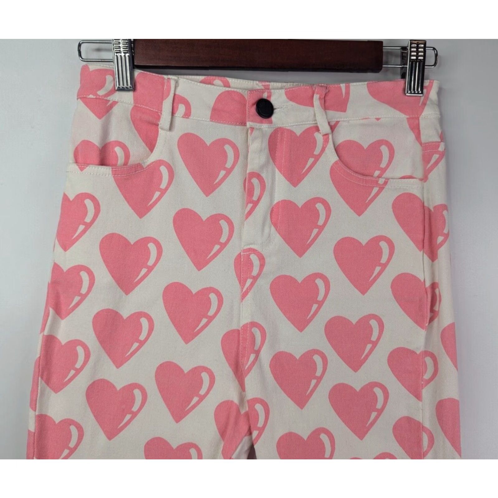 Lazy Oaf Lazy Oaf All My Heart Cropped Pants Women's Size Small White & Pink Hearts Size 28" / US 6 / IT 42 - 2 Thumbnail