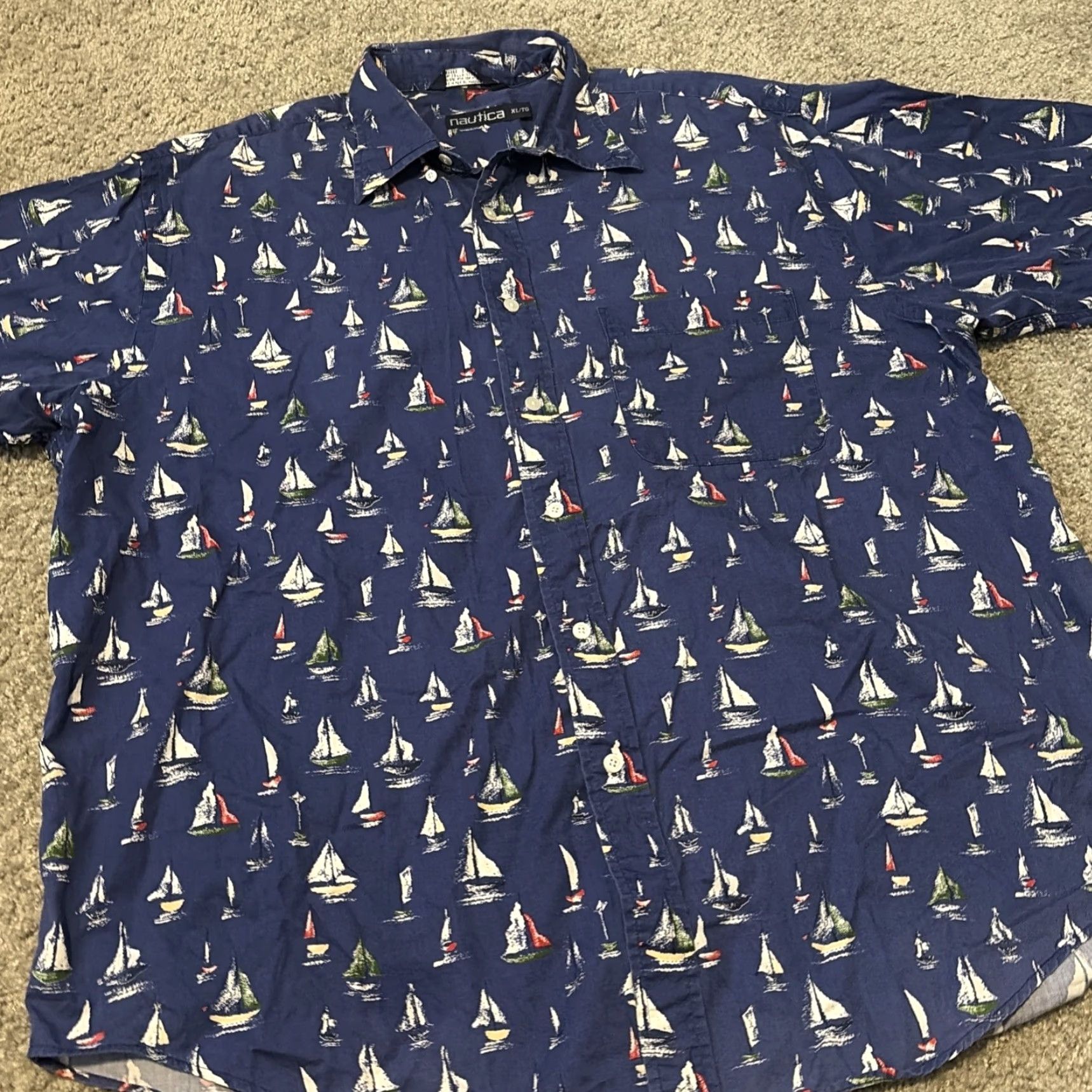 Nautica VINTAGE Nautica Sailboat All Over Print Button Up Shirt Navy Blue XL 90s USA Shirt Mens Short Sleeve Regular Size US XL / EU 56 / 4 - 4 Thumbnail