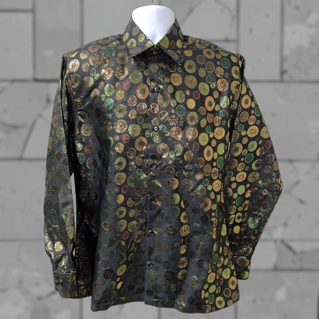 Vintage Jaggi Bunani Mens Button-Up Shirt Black Geometric Textured Graphic Long Sleeve Collared 22 In Armpit M Regular Black/Gold Size US M / EU 48-50 / 2 - 1 Thumbnail