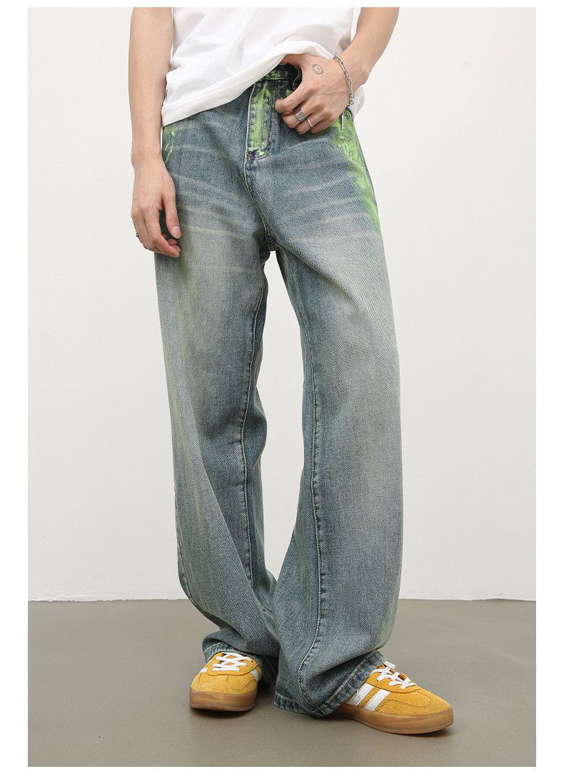 Japanese Brand Men's loose straight wide-leg versatile ink-splashed jeans Size US 32 / EU 48 - 4 Thumbnail