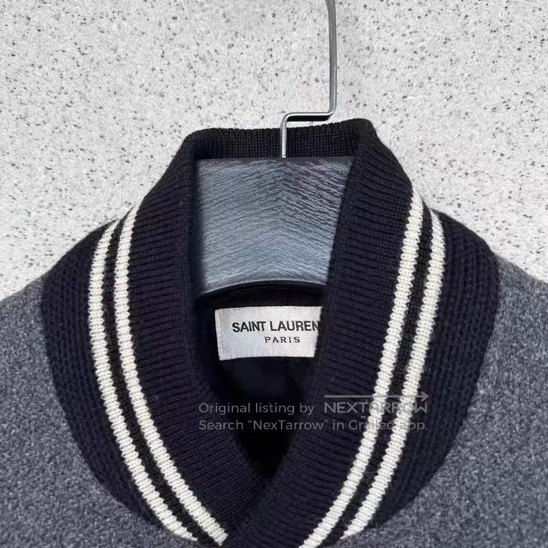 Saint Laurent Paris Saint Laurent Paris Grey Wool Mixed Leather Baseball Jacke Size US S / EU 44-46 / 1 - 2 Thumbnail