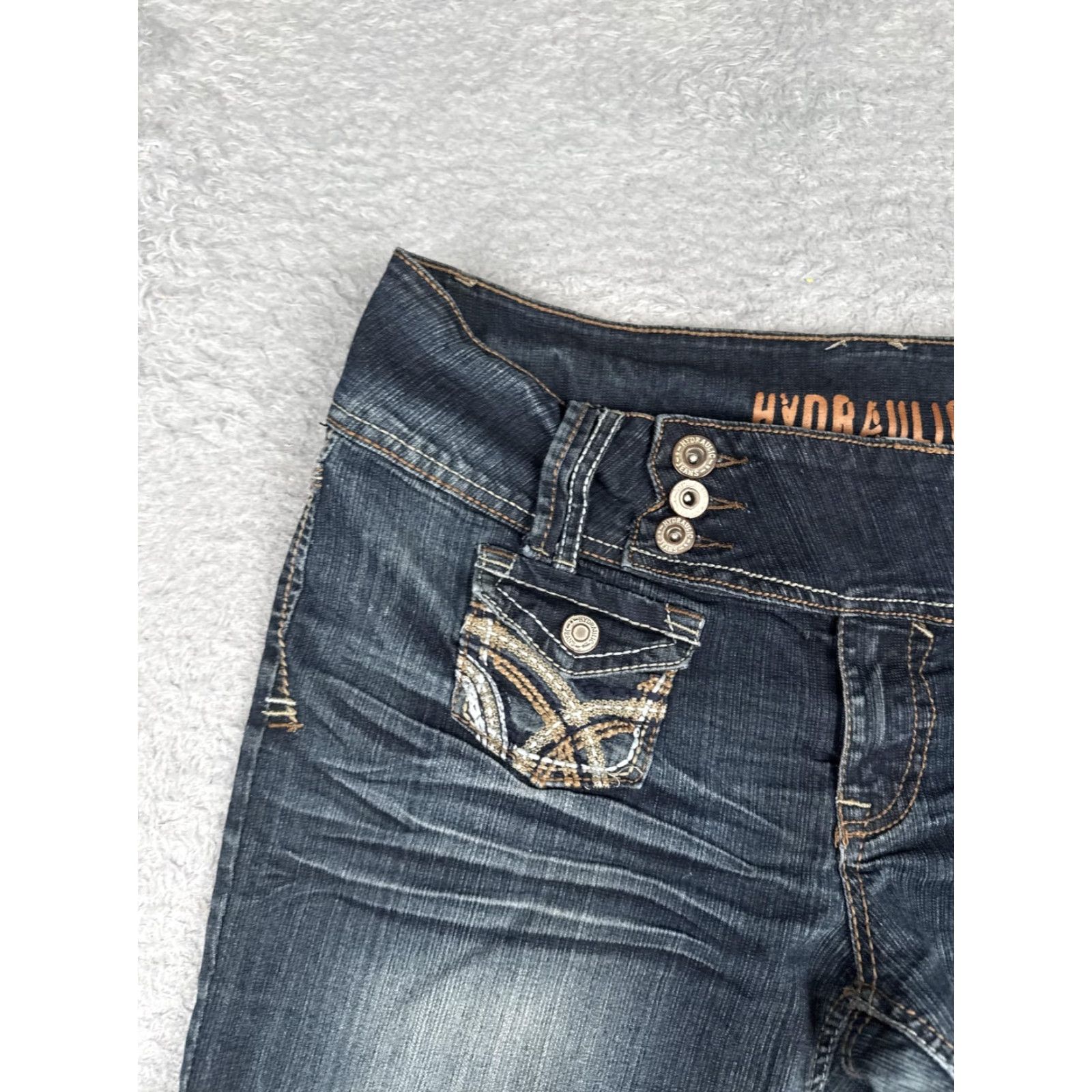 Denime HYDRAULIC Denim Shorts Cut-Off 32x5 Juniors 13/14 Blue Embroidered 5-Pocket Raw Hem Zip Front Waist Logo, Casual, Spring Summer, Women, Junior Size 14 Size 36" / US 14 / IT 50 - 4 Thumbnail