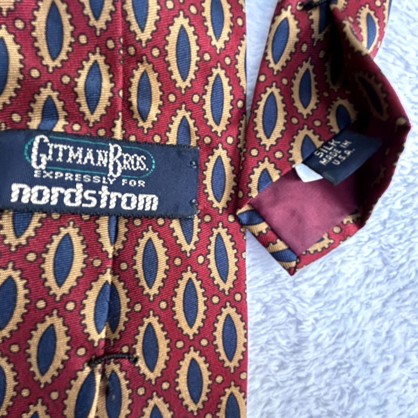 Nordstrom Gitman Bros Nordstrom Mens Silk Pointed Tie Red/Blue Geometric Pattern USA Made Size ONE SIZE - 3 Thumbnail