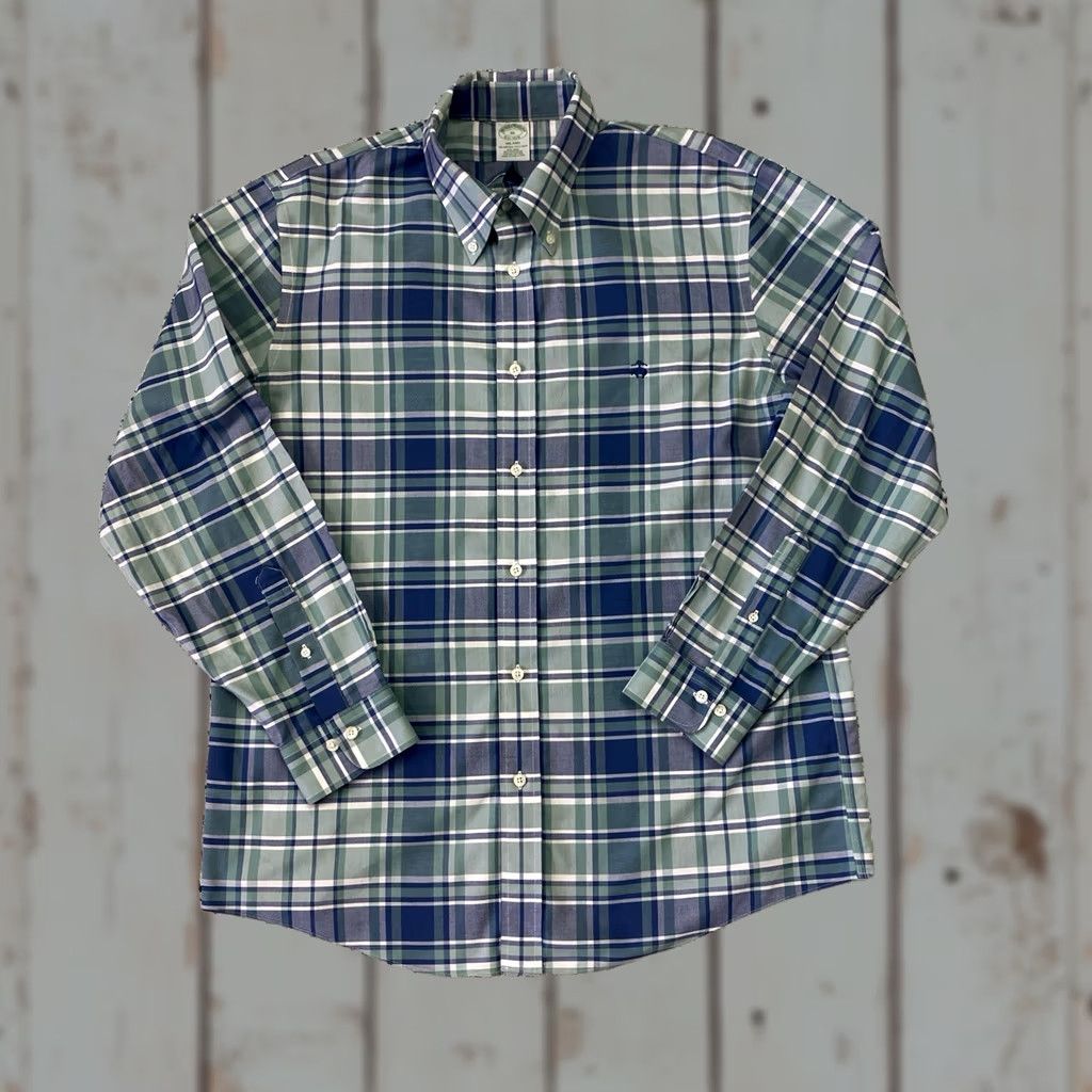 Brooks Brothers Brooks Brothers Milano Dress Shirt Mens XL Oxford Check Blue Green Button Down Casual Business Regular Long Sleeve Non-Iron 100% Cotton Size 46R - 1 Thumbnail