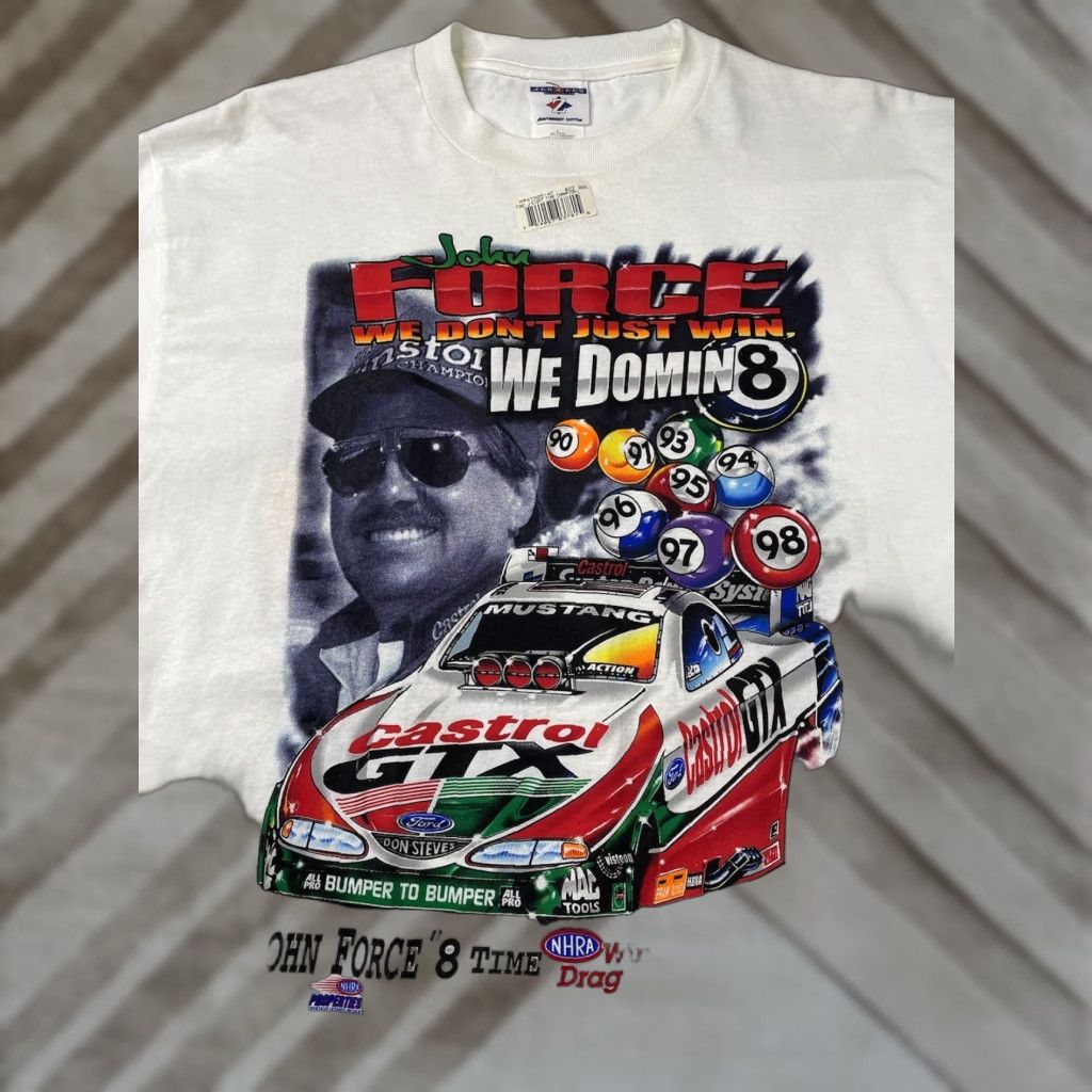 Jerzees VINTAGE John Force 2 Side T-Shirt NHRA Drag Racing NASCAR 8 Championship L White 90s Cars Nascar Oil Racing Logo Unisex Adults T-Shirt Mens Size US L / EU 52-54 / 3 - 1 Thumbnail