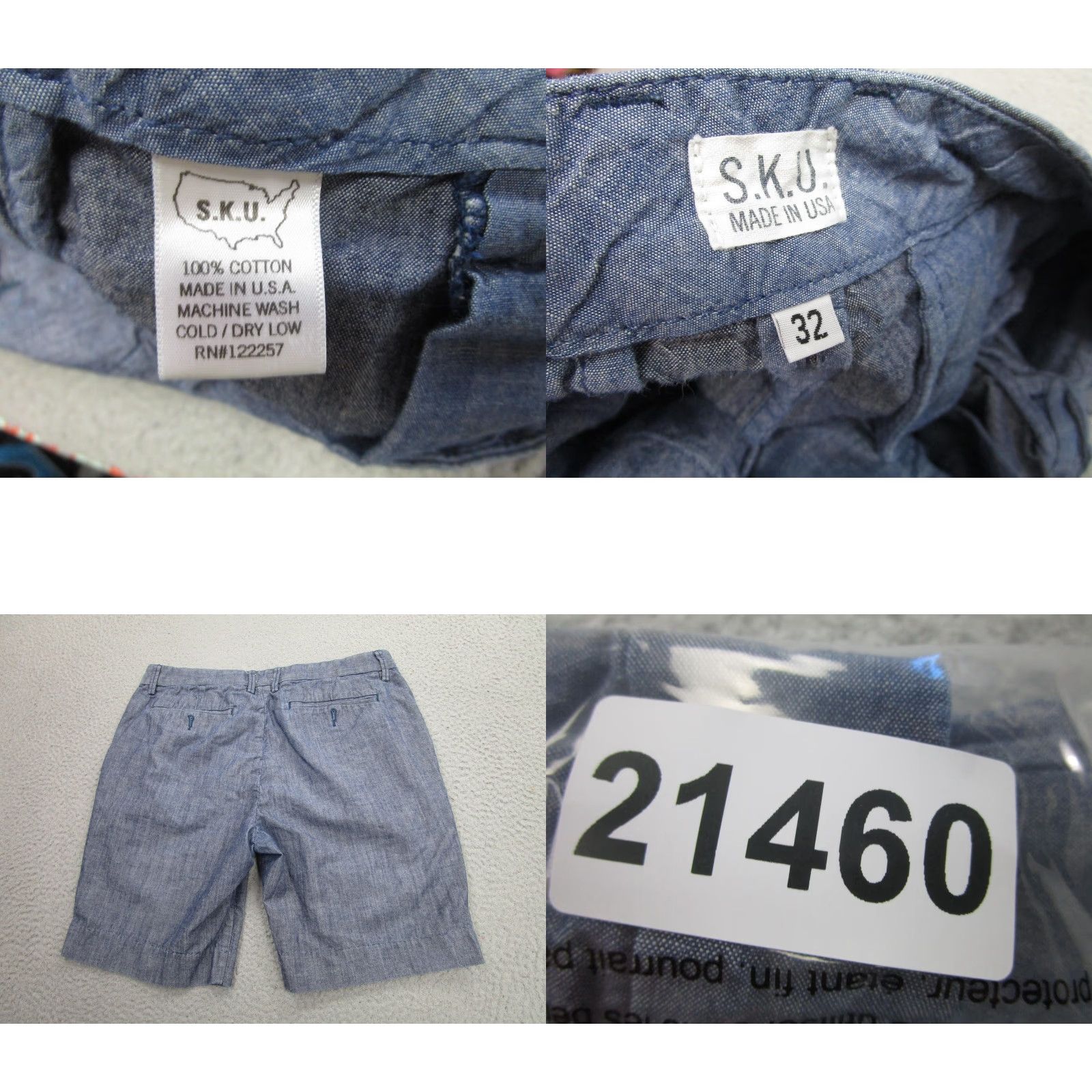Vintage S.K.U. Mens Shorts 32 Blue Chambray 100% Cotton Flat Front Casual Made USA - Denim Chino Inseam 8" Front Zip Fly Pockets Above-Knee Mens Size US 32 / EU 48 - 8 Thumbnail