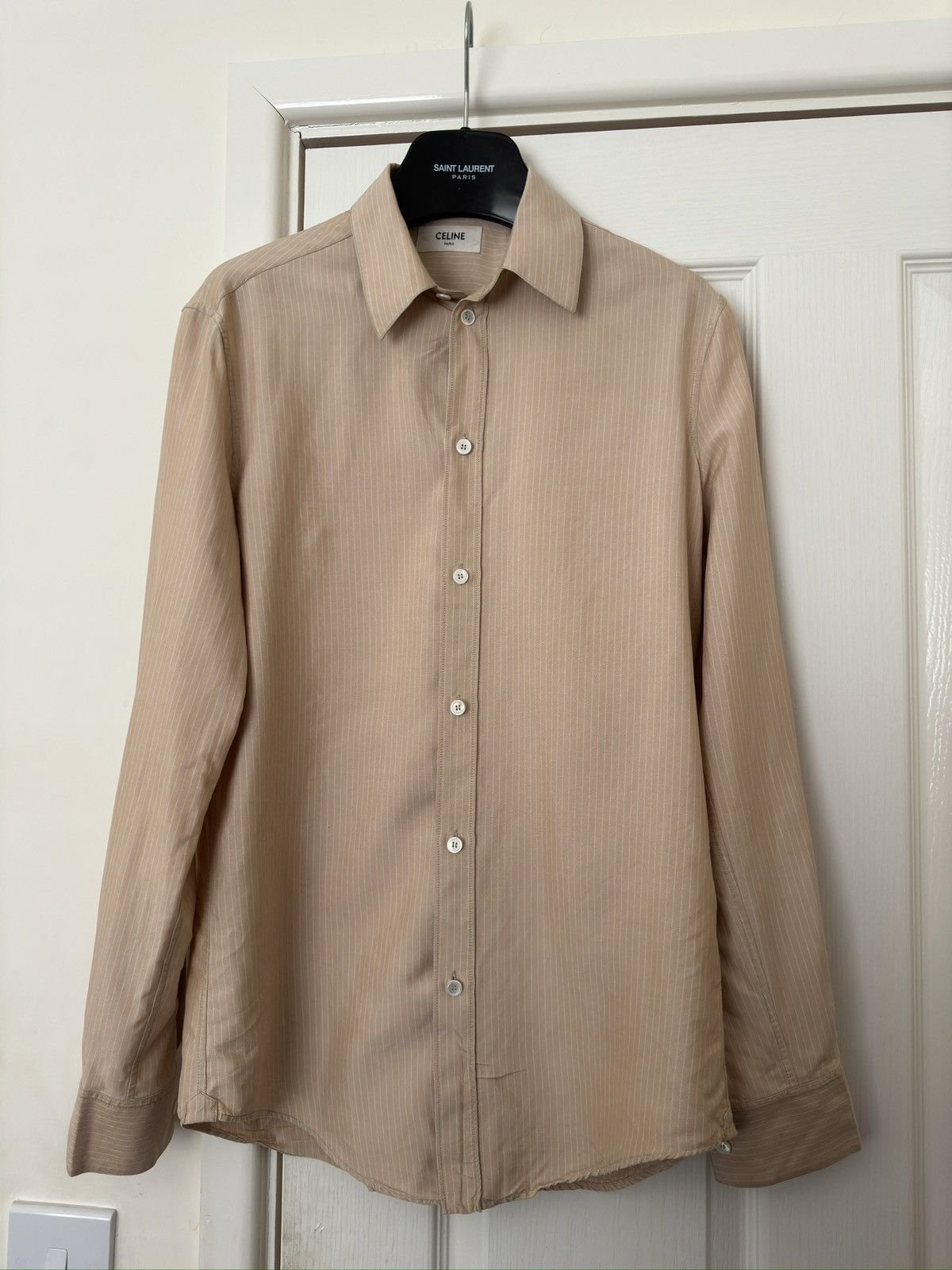 image of Celine Ss21 Silk Shirt 37 in Striped, Men's (Size Small)