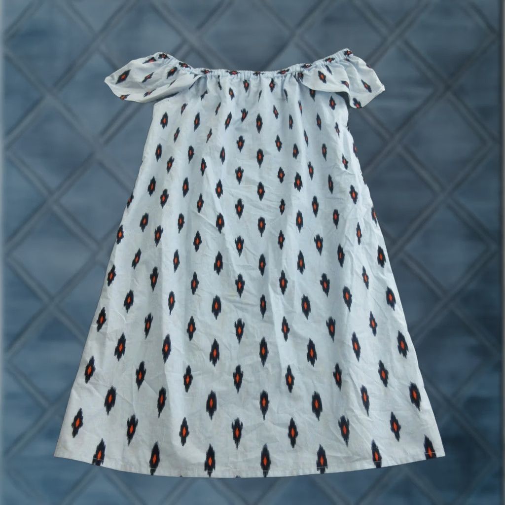 J.Crew J.CREW Dress Womens Small Blue Geometric Cotton Off Shoulder Sundress Boho Casual Knee Length Sleeveless? Size S / US 4 / IT 40 - 1 Thumbnail