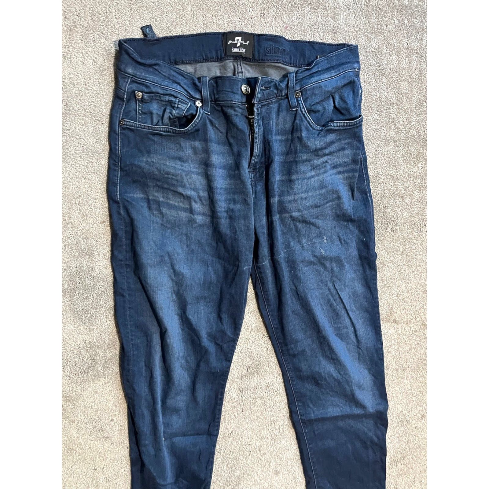 7 For All Mankind 7 For All Mankind Jeans Men 32 Slim Straight Dark Wash Blue Denim 32x29 Stretch Slimming 5-Pocket Logo Button Zip Modern Sports Mens Size US 32 / EU 48 - 2 Thumbnail