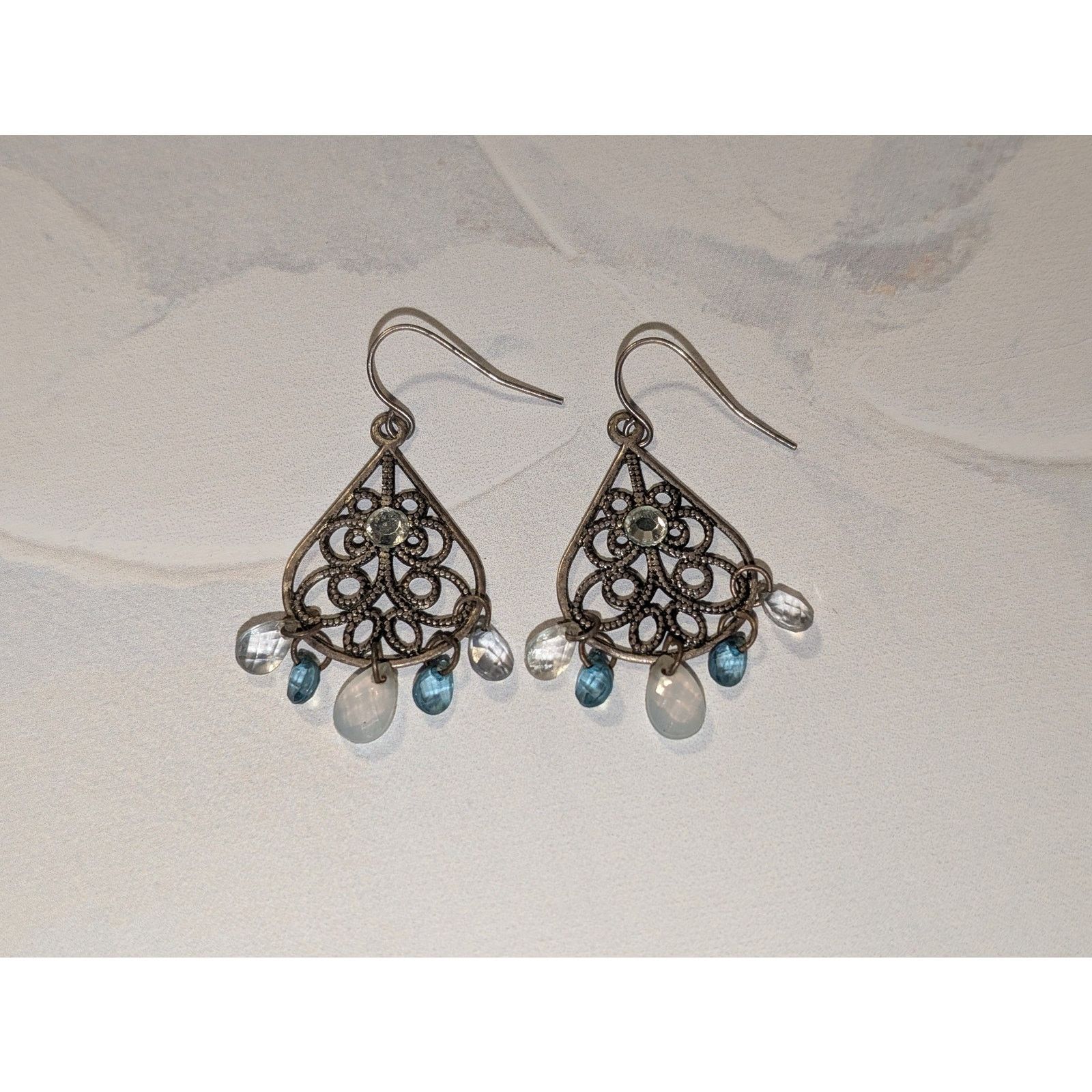 Vintage VTG 1980s Silver-Tone Blue Glass Teardrop Dangle Earrings Size ONE SIZE - 1 Thumbnail