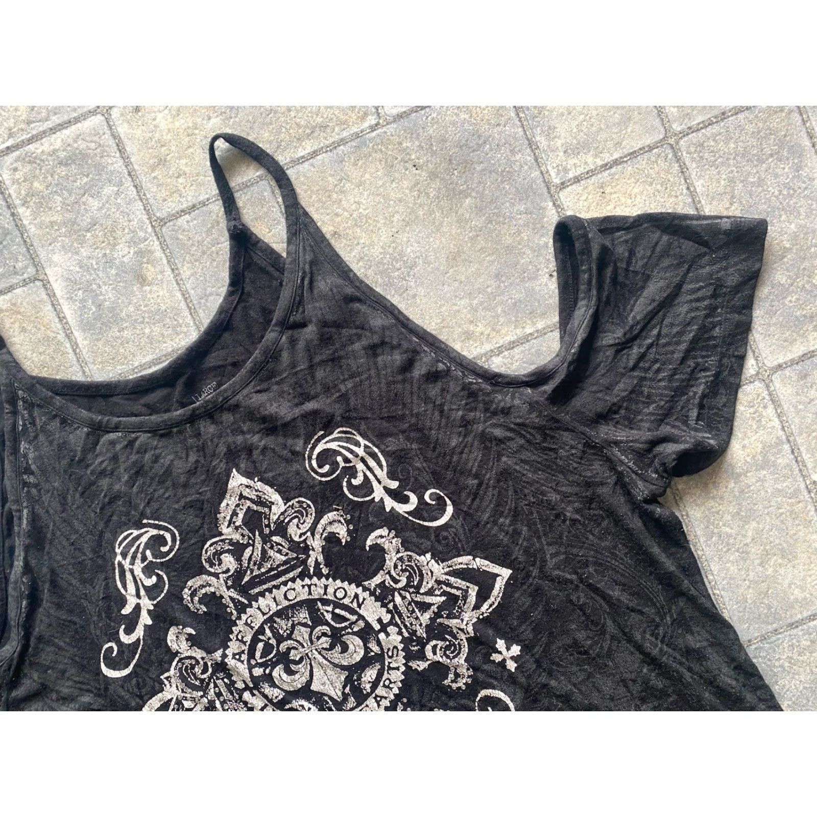 Affliction VINTAGE Affliction Live Fast WOMENS Blouse Off Shoulder Tank Shirt Black L Womens Dark Hearts Cross Rhinestone Contour Fleur-de-lis 90s / 2000s Size L / US 10 / IT 46 - 4 Thumbnail