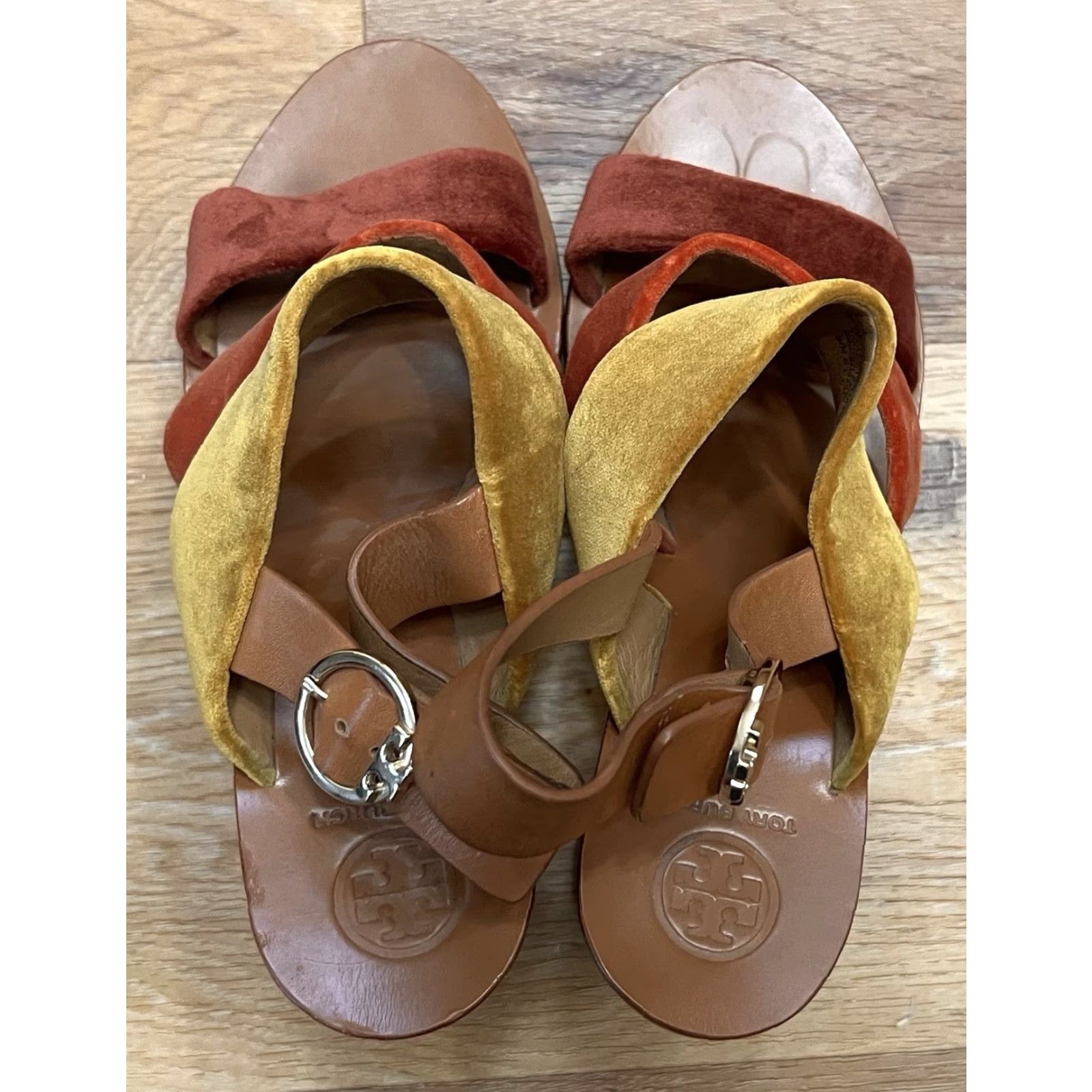 Tory Burch Tory Burch Patos Sandal Platform Velvet Strappy Buckle Heels 8 Women's M Calfskin Bright Pueblo/Bright Lava Block Heel Vintage No Size US 8 / IT 38 - 4 Thumbnail