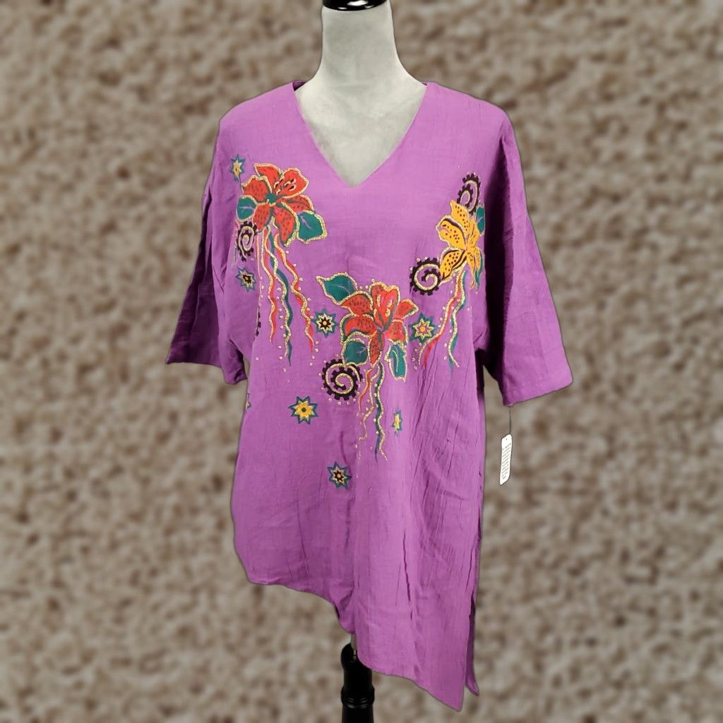 Haband VINTAGE Haband Shirt Womens M Purple 80s 90s Bohemian Retro Tunic Lace Glitter Short Sleeve V-Neck Pullover Cotton Size M / US 6-8 / IT 42-44 - 1 Thumbnail