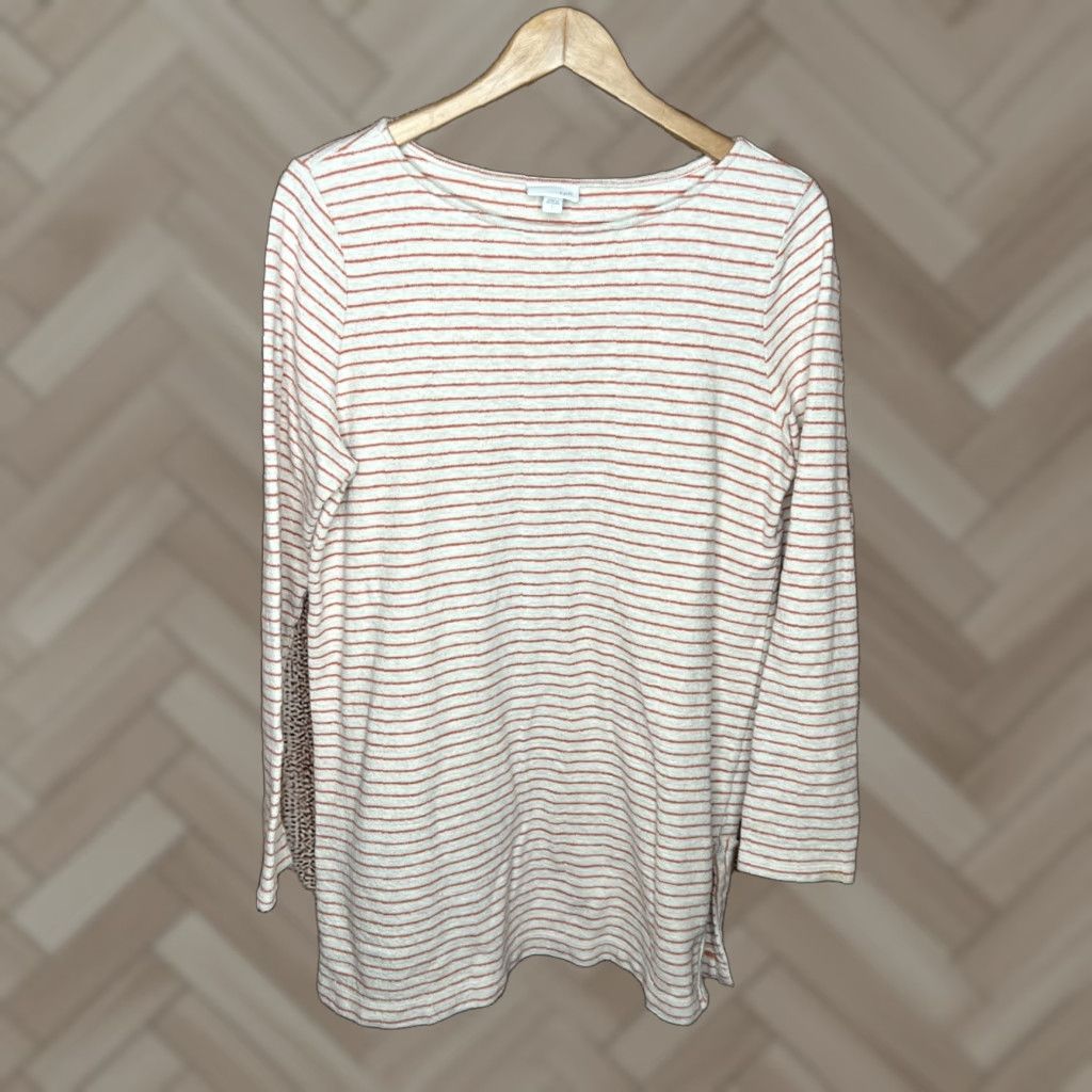 J. Jill J. Jill Womens L Stripes Long Line Cotton Long Sleeve Sweatshirt Top Lagenlook Shirt Blouse Tunic Boho Nautica Minimalist Coastal Whites Size L / US 10 / IT 46 - 1 Thumbnail
