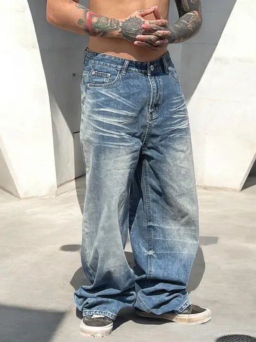 VIBE Blue Washed Wide Leg Denim Jeans, Oversized Jeans Size US 32 / EU 48 - 5 Thumbnail