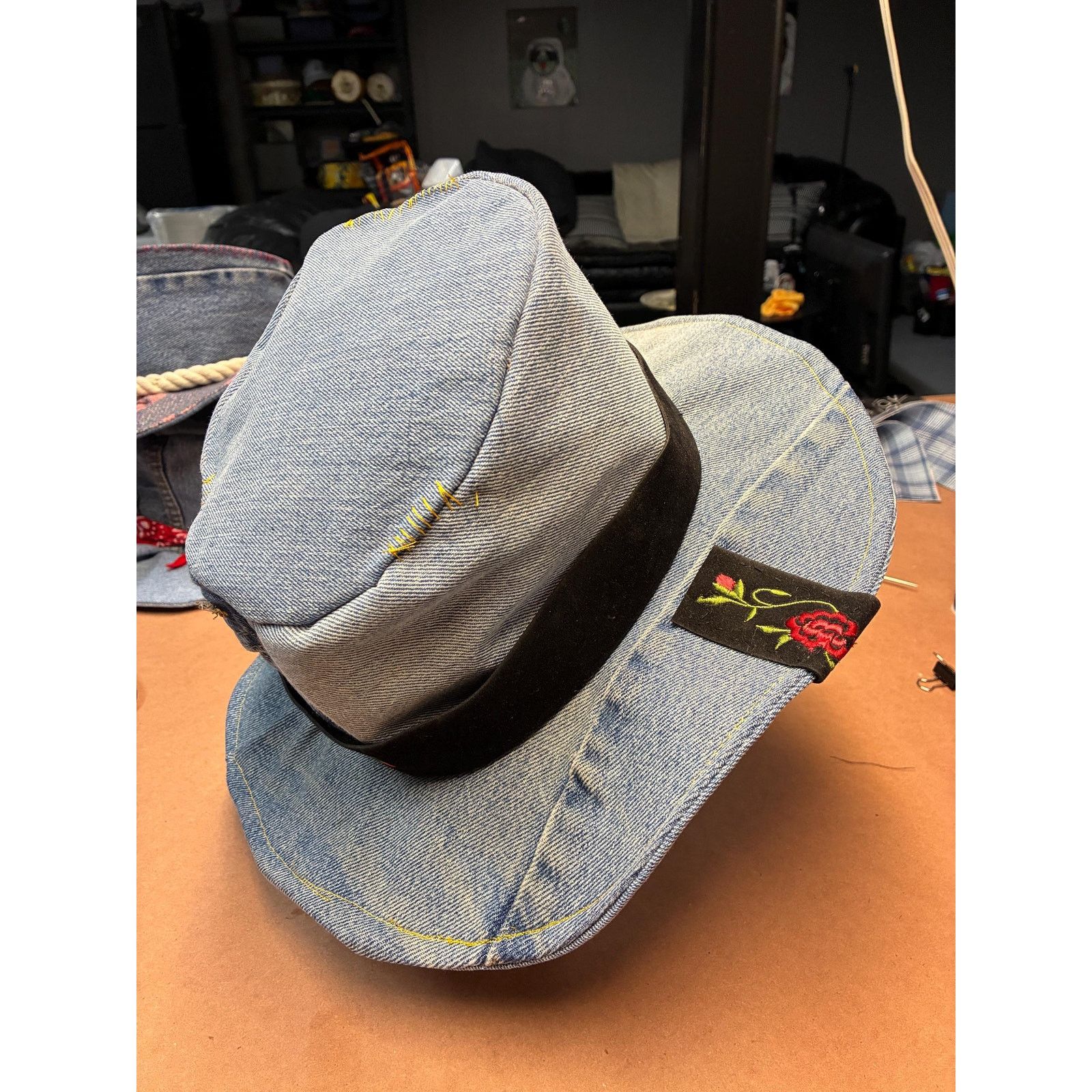 Other Upcycled Denim Western Hat — Embroidered Rose Band, Blue Size ONE SIZE - 3 Thumbnail