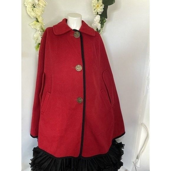 image of Vintage 1960S Penguin Fashions Red Black Trim Wool Cape, Women's