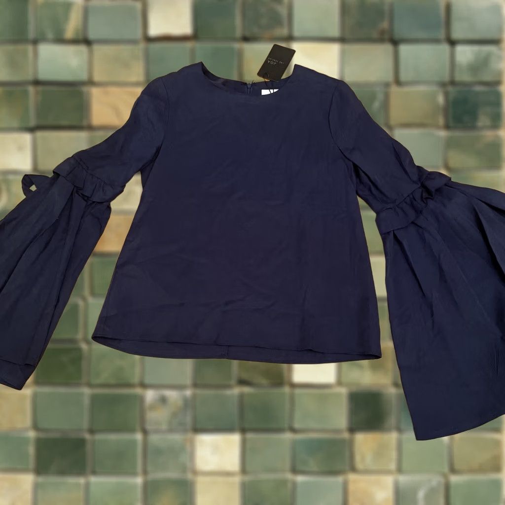 Bell NWT J.O.A. Blouse Womens XS Navy Cathedral Long Tie Ruffle Bell Sleeve Unique Size XS / US 0-2 / IT 36-38 - 1 Thumbnail