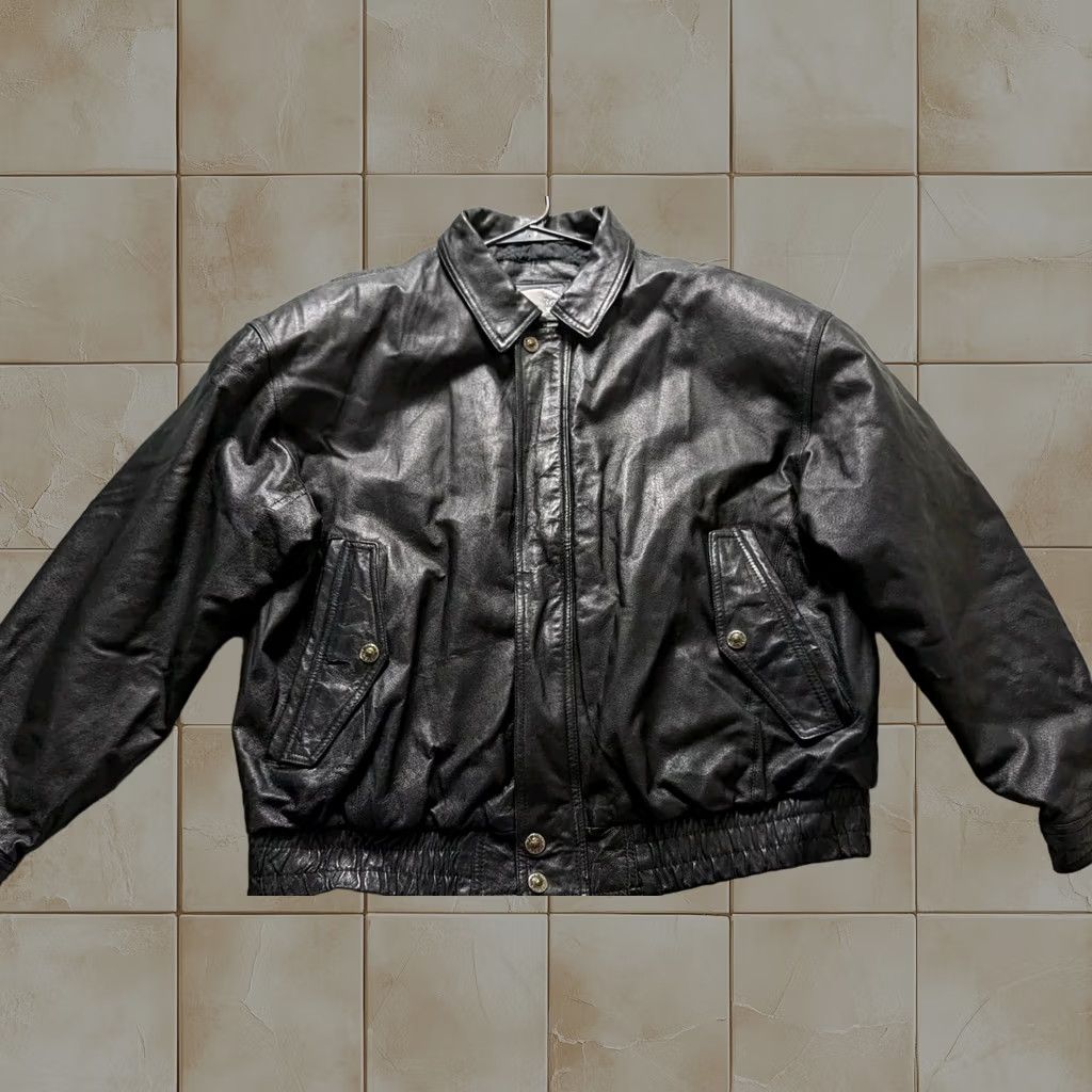 Vintage St. Johns Bay Jacket 1XL Black Leather Bomber Flight Biker Quilted Lined Mens 90s, Men's