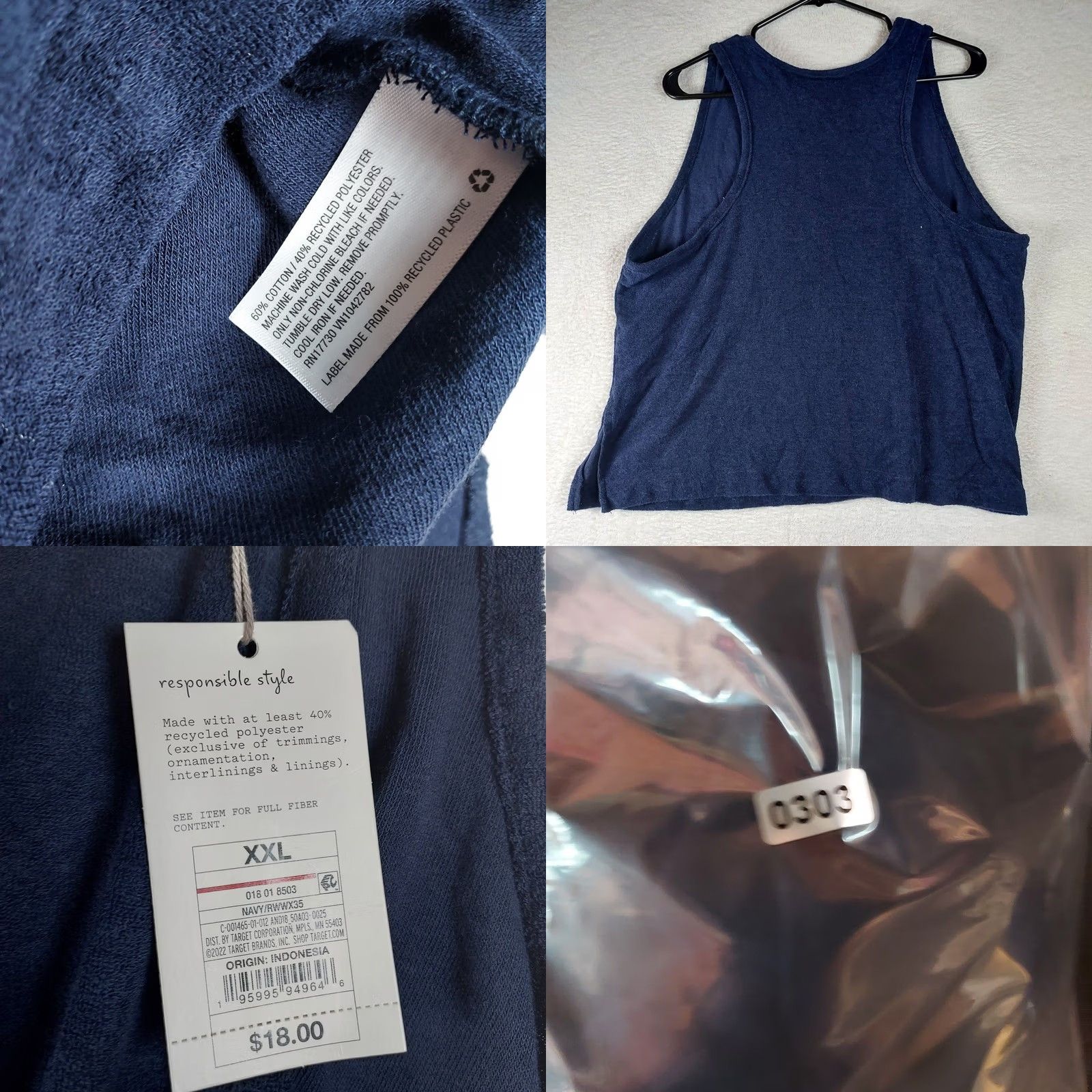 Vintage VINTAGE A New Day Womens Tank Top 2XL Navy/Blue Sleeveless Round Neck Cotton Polyester Regular Solid Basic Shirt Womens Size XXL / US 16-18 / IT 52-54 - 8 Thumbnail
