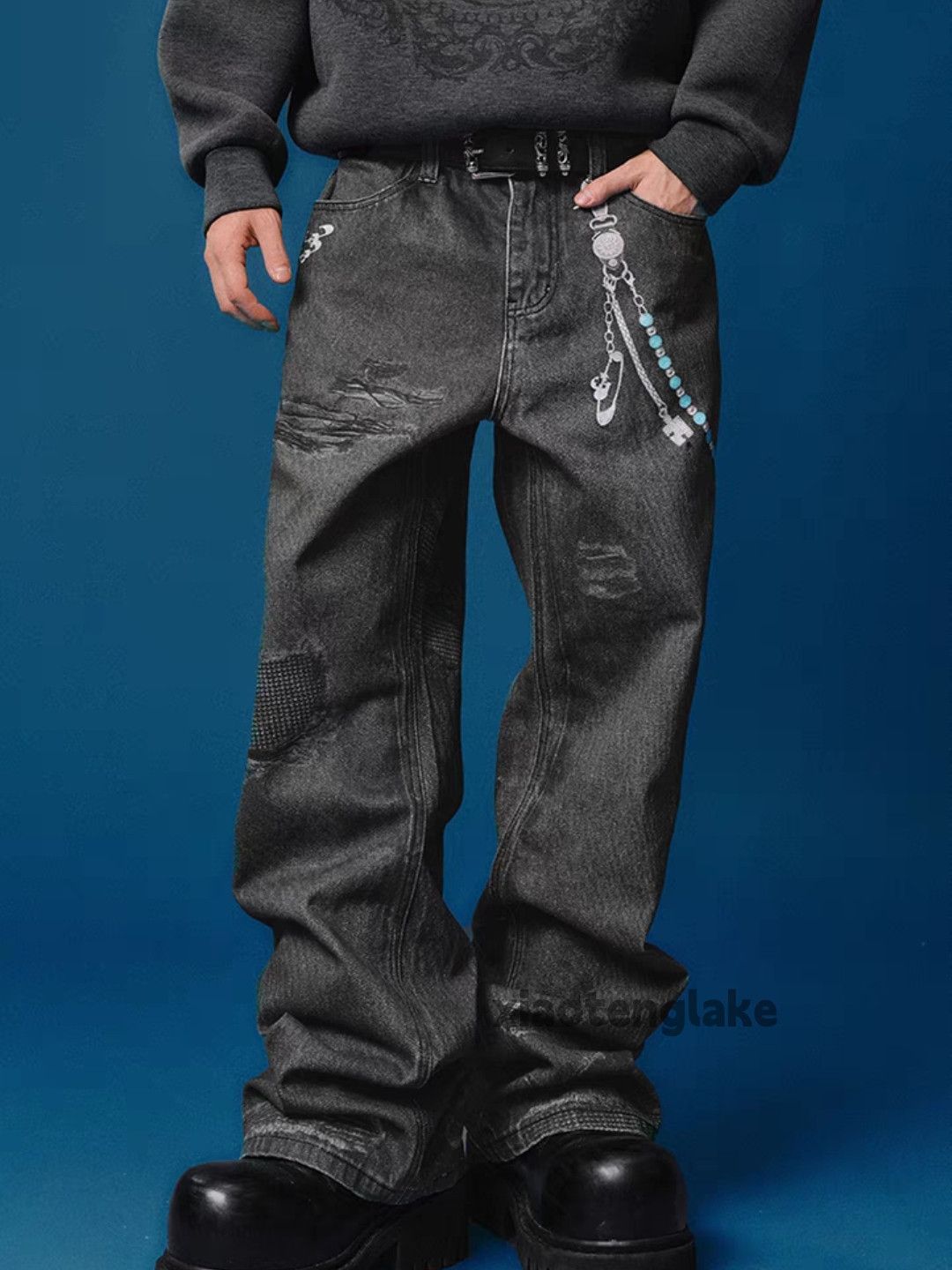 Jean × Vintage Unisex washed faded digital print hiphop jeans Size US 36 / EU 52 - 1 Thumbnail