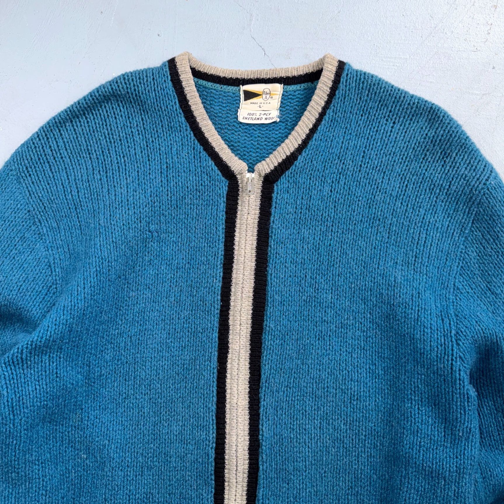 Vintage VTG Allen A 100% Wool Cardigan Sweater Rockabilly 60s 1960s Zip Blue M Mens Size US M / EU 48-50 / 2 - 2 Thumbnail