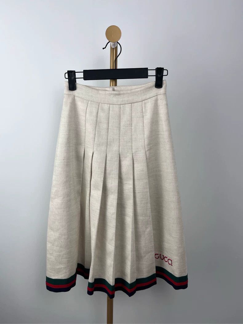 Gucci Gucci White Stripe Logo Linen Pleated Skirt - dmc Size US 38 / EU 54 - 1 Thumbnail