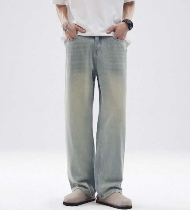 Retro washed men's baggy straight loose distressed jeans