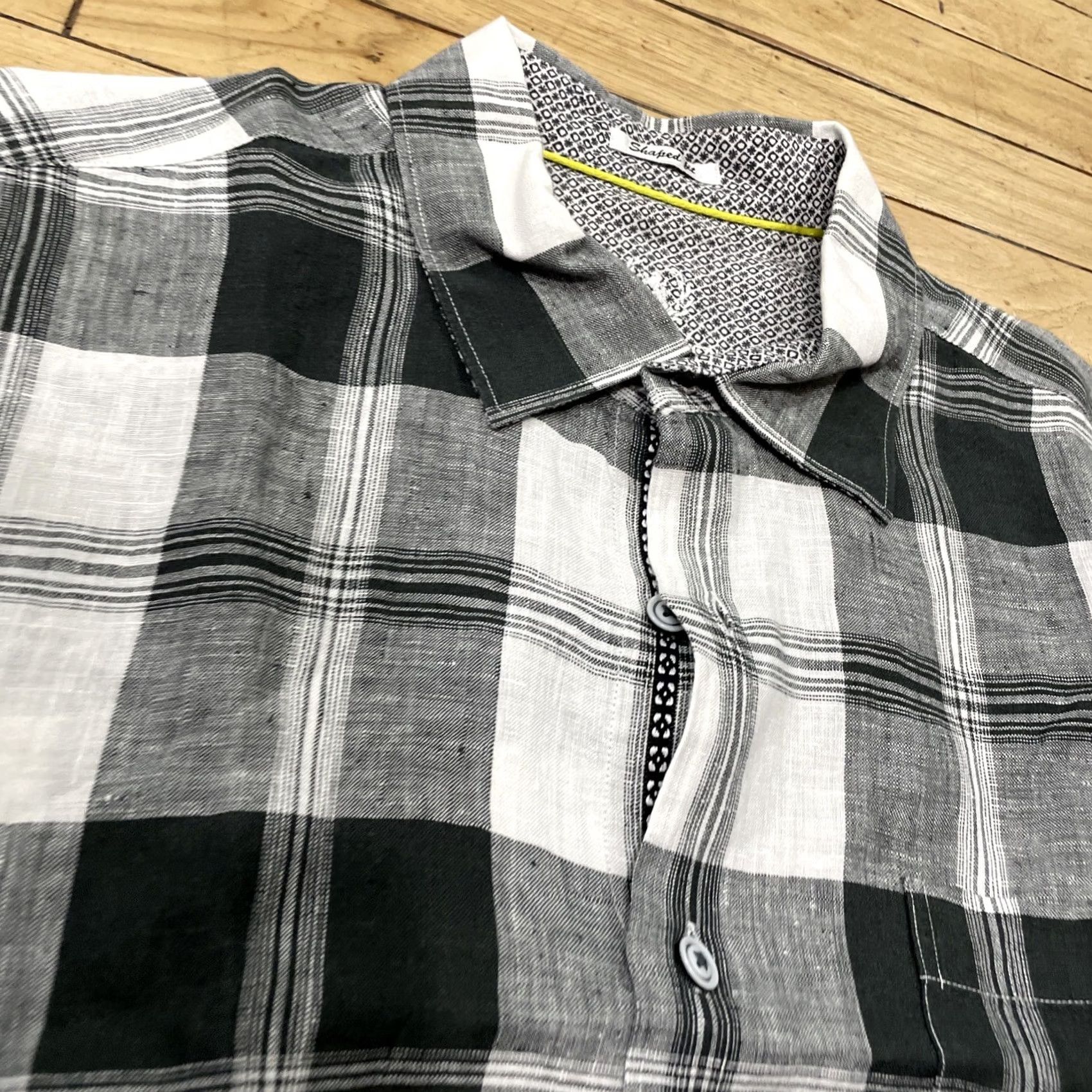 BUGATCHI BUGATCHI UOMO Shaped Fit Linen Shirt Men L Black White Checkered Plaid Collared Shirt Size US L / EU 52-54 / 3 - 3 Thumbnail