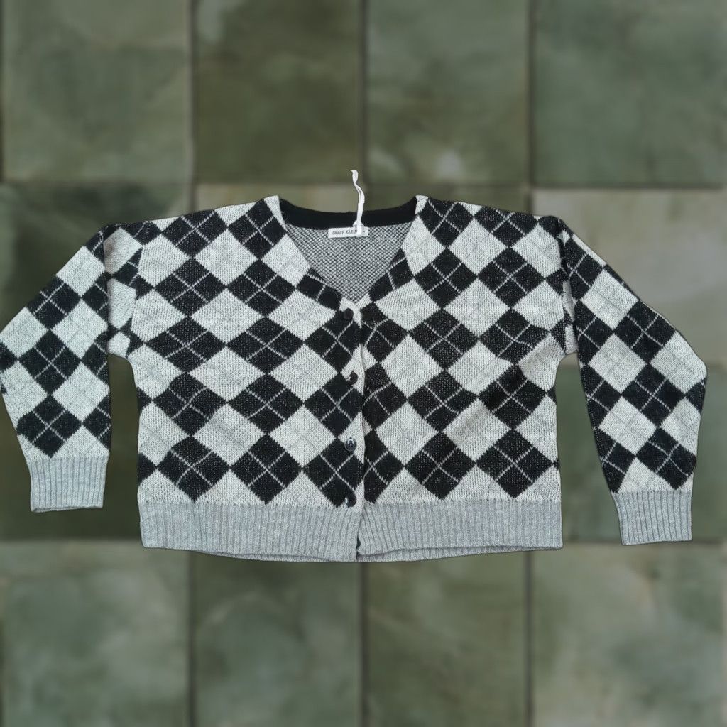 Vintage Grace Karin Argyle Cardigan Sweater Womens Large Gray Size L / US 10 / IT 46 - 1 Thumbnail