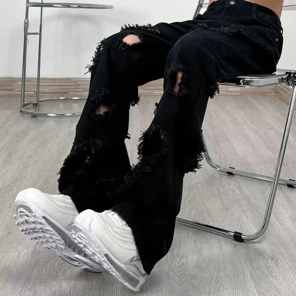 Japanese Brand High street black ripped straight leg jeans Size US 32 / EU 48 - 3 Thumbnail