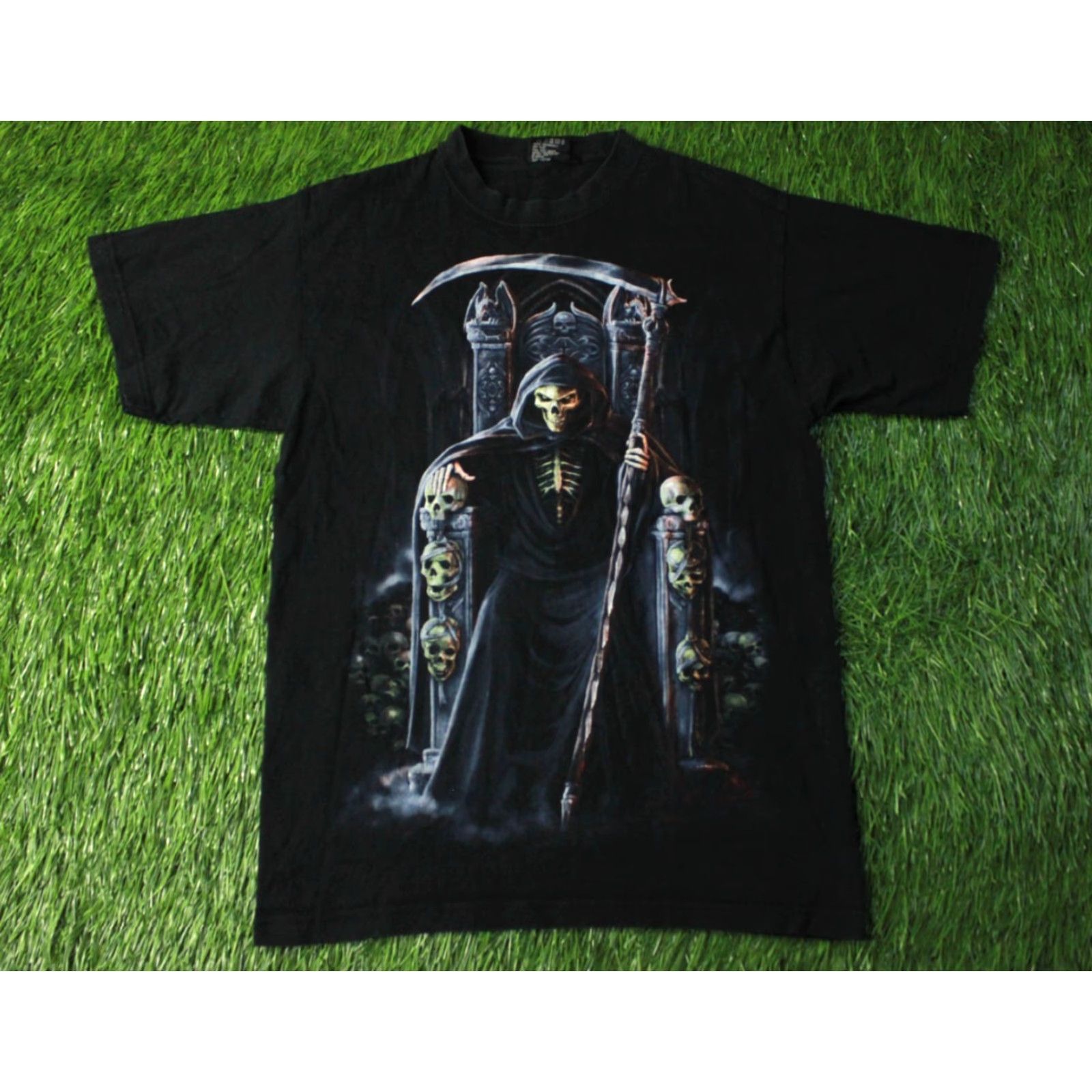Vintage GRIM REAPER SHIRT Men XS? -> GRIM REAPER Shirt Adult M Black 100% Cotton Spiral Print Grim Reaper on the throne 2010s Vintage No Size US M / EU 48-50 / 2 - 2 Thumbnail