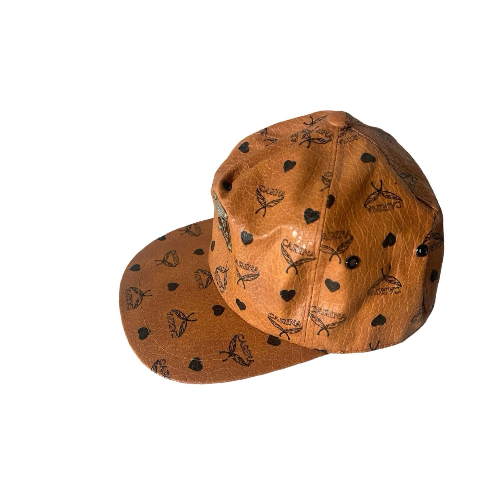 Vintage VINTAGE Carina vegan leather snapback hat cap mens OSFA deadstock NWOT 80s cognac brown leather brass patch 80s baseball cap Mens Size ONE SIZE - 4 Thumbnail