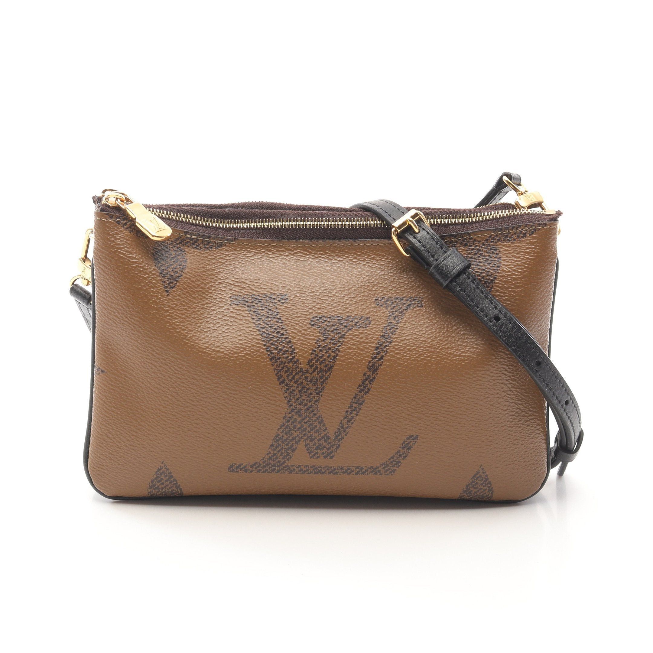 Louis Vuitton Pochette Double Zip Monogram Giant Reverse Shoulder Bag Leather Brown Beige, Women's