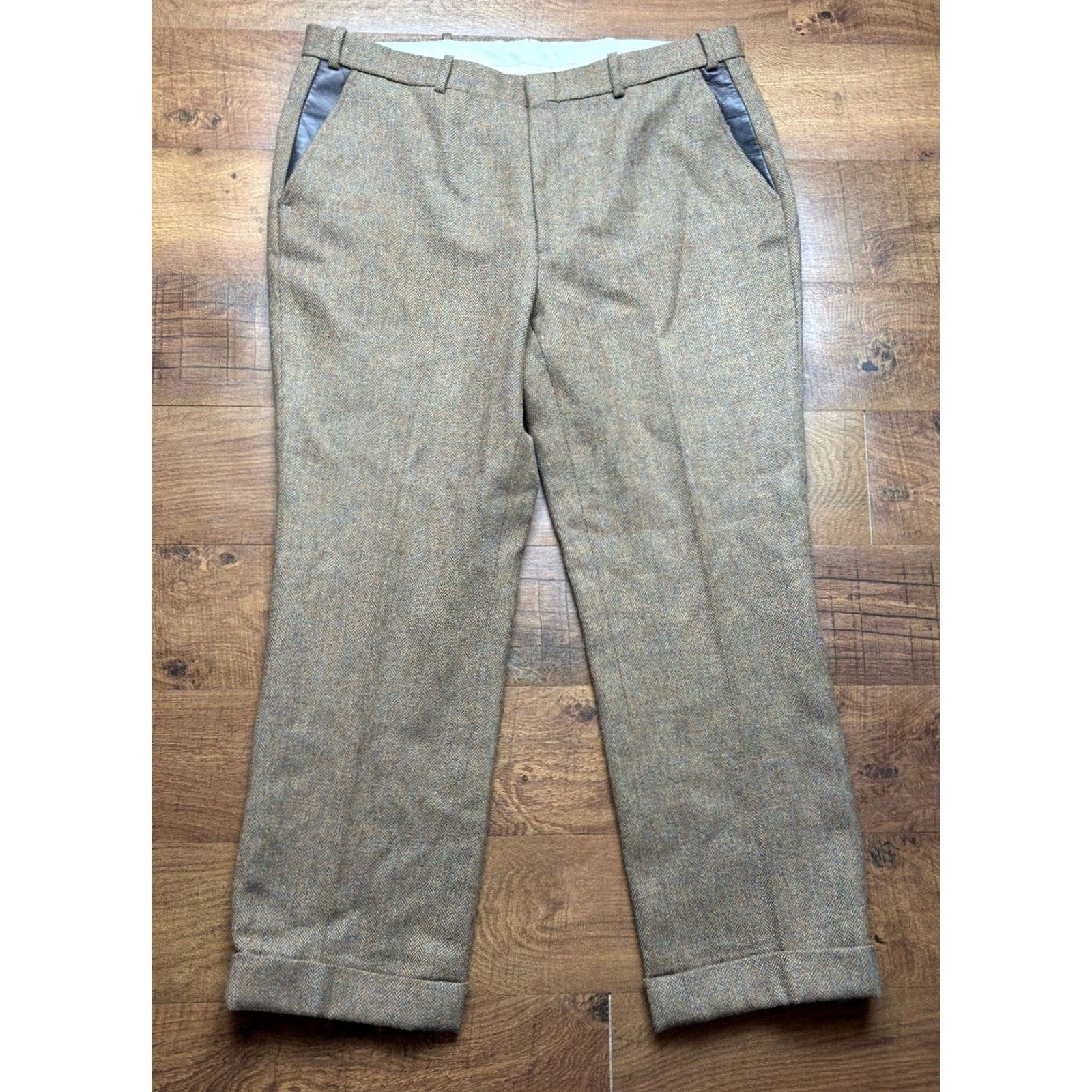 Orvis VINTAGE Orvis Mens Pants 38x30 Wool Tweed Suede Trim Herringbone 90s Chino/Cuffed Brown Mens Size US 38 / EU 54 - 2 Thumbnail