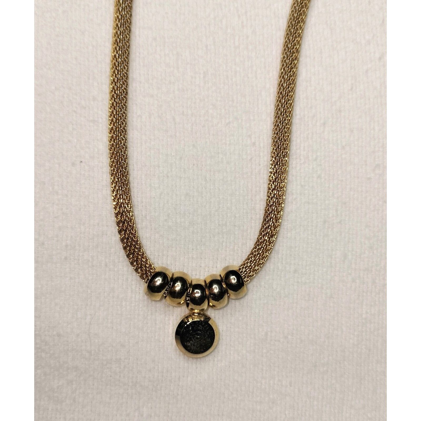 Vintage Gold Tone Metal Mesh Tube Necklace Ring Stoned Pendant Circa Size ONE SIZE - 18 Thumbnail