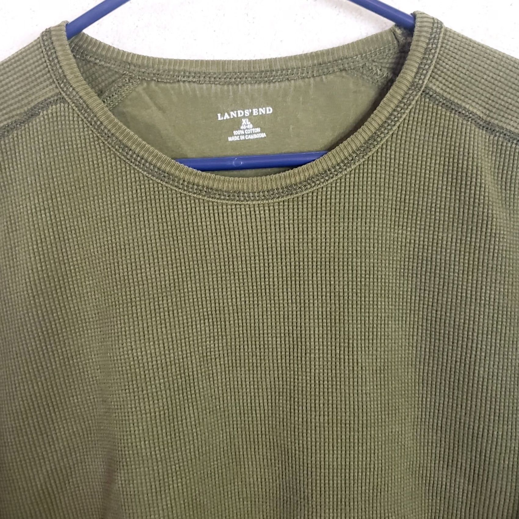 Lands' End Lands' End Shirt Men's XL Green Waffle Thermal 100% Cotton Long Sleeve Crew Neck Knit Slim College Outdoor T-Shirt Mens Size US XL / EU 56 / 4 - 3 Thumbnail