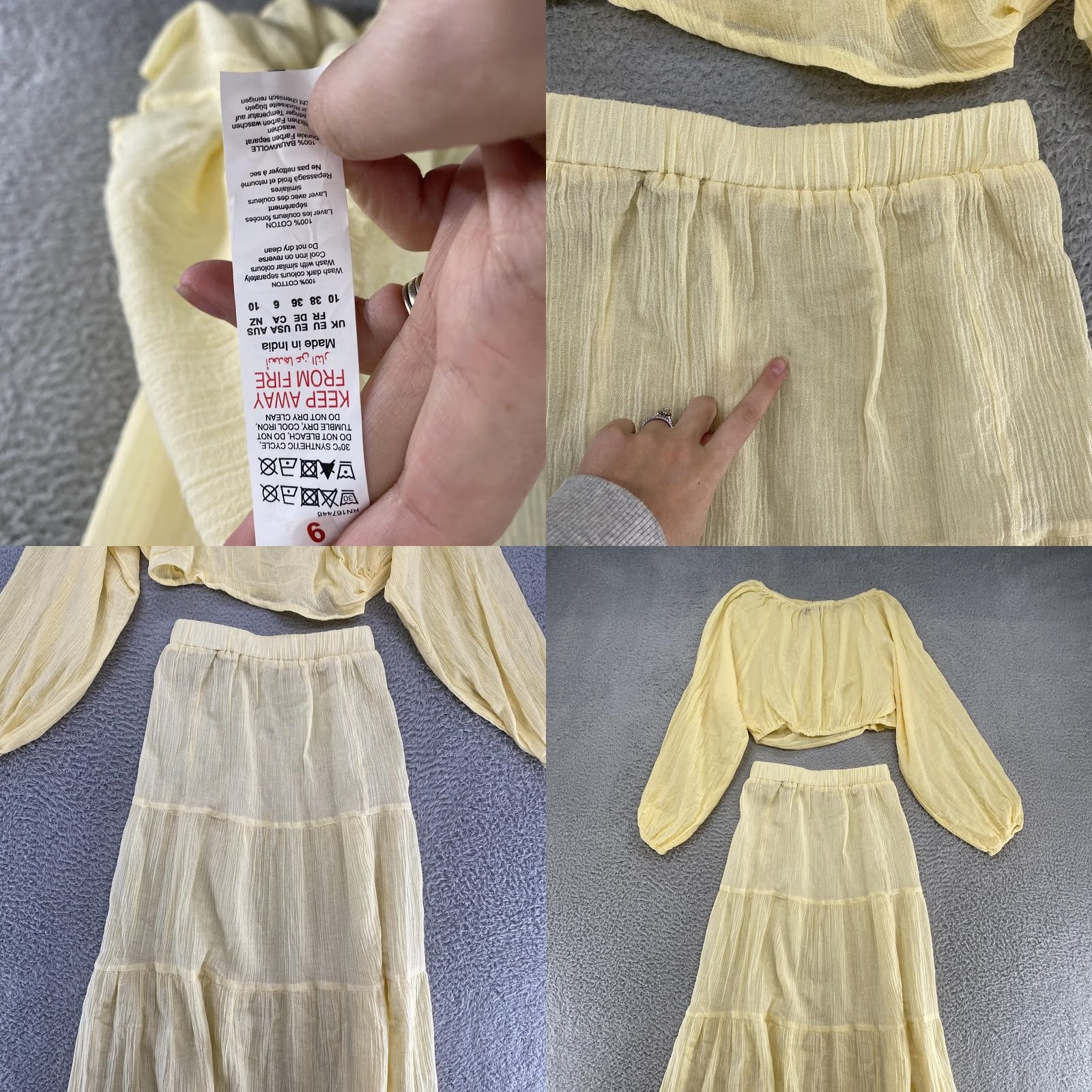 PrettyLittleThing PrettyLittleThing Top Skirt Set Womens US 6 Yellow Bardot Gauze Crop Ruched Off the Shoulder Lightweight Set 2 Piece Casual Party/Cocktail 90s? Size M / US 6-8 / IT 42-44 - 8 Thumbnail