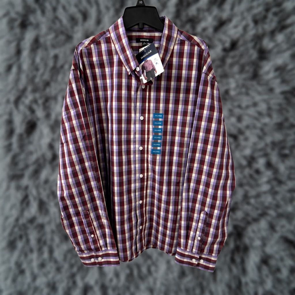 Haggar VINTAGE Haggar Shirt Mens 2XL Wine Plaid Button-Down Long Sleeve NWT Size US XXL / EU 58 / 5 - 1 Thumbnail