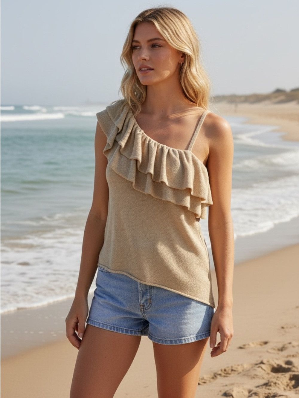 Zara New Zara Asymmetrical Ruffle Knit Beige Top Size S Size S / US 4 / IT 40 - 1 Thumbnail