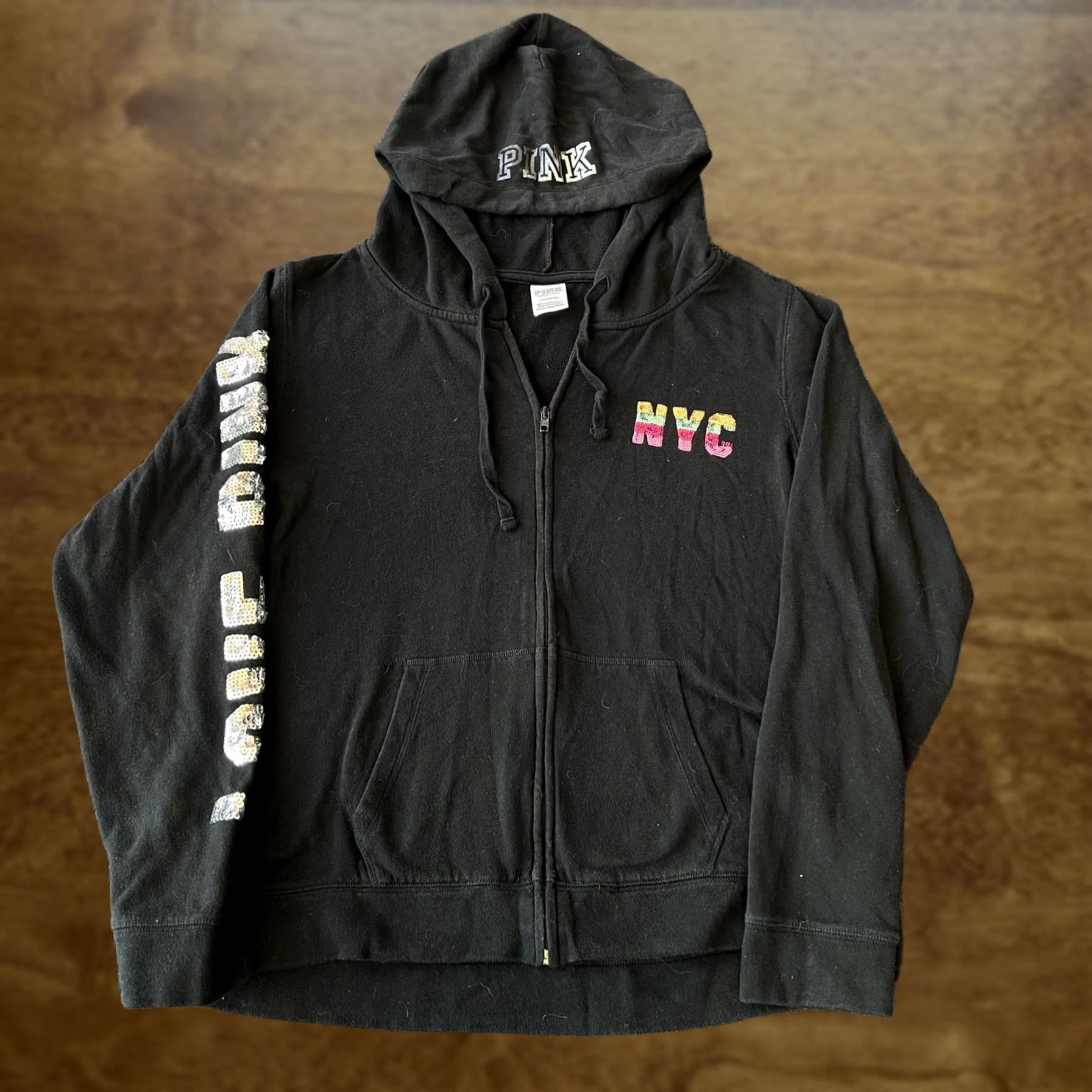 Pinko PINK Victoria's Secret Hoodie Womens Large Black Full Zip Sequin NYC Love Pink Size L / US 10 / IT 46 - 1 Thumbnail