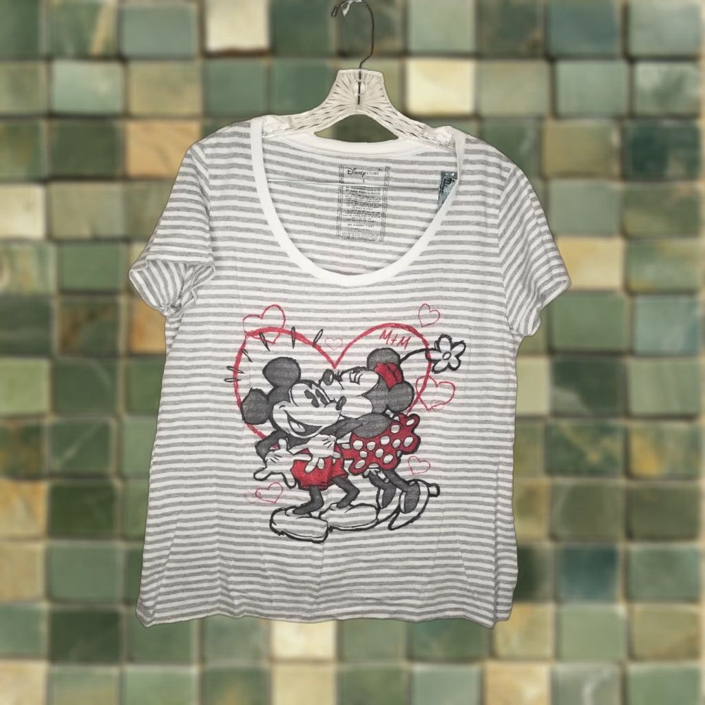 Disney DISNEY T-Shirt Mickey Minnie Striped Gray White Women Size Large Size L / US 10 / IT 46 - 1 Thumbnail