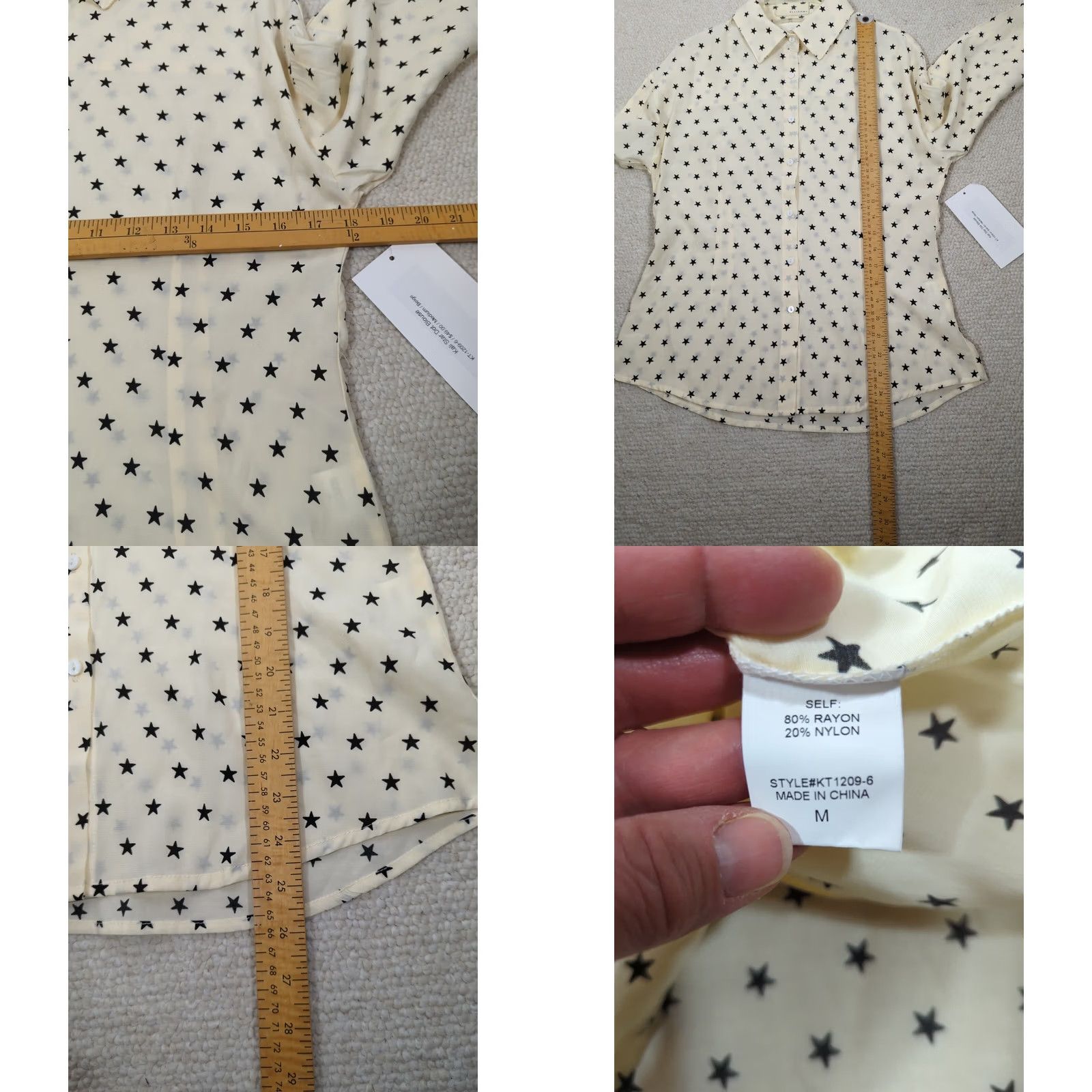 Vintage VINTAGE? No. Ellison Kali Blouse Womens Medium Beige Long Sleeve Polka Dot Star Accents Collared Button NYLON/Rayon Hand Wash Only Regular Fit Size M / US 6-8 / IT 42-44 - 8 Thumbnail