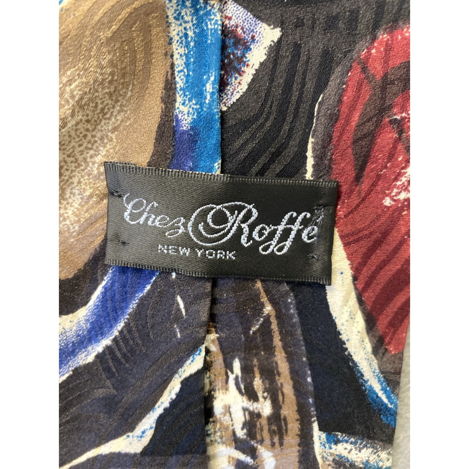 Vintage VINTAGE Roffe New York Men's 57" Tie Silk Geometric Abstract Woven Navy Blue Brown Made in USA Size ONE SIZE - 4 Thumbnail