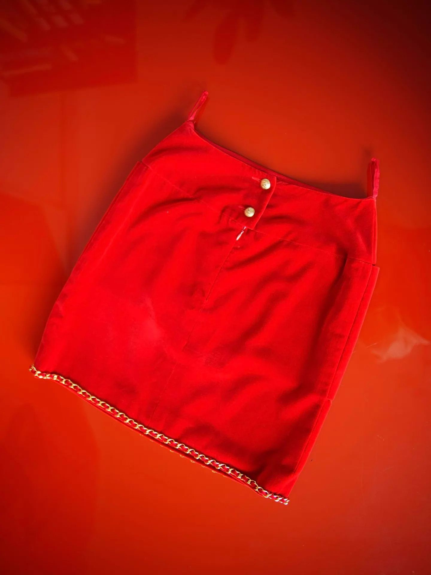 Chanel Chanel 1991 FW Dark Red Velvet Chain Gold-Tone Skirt S-M Size 26" / US 2 / IT 38 - 3 Thumbnail