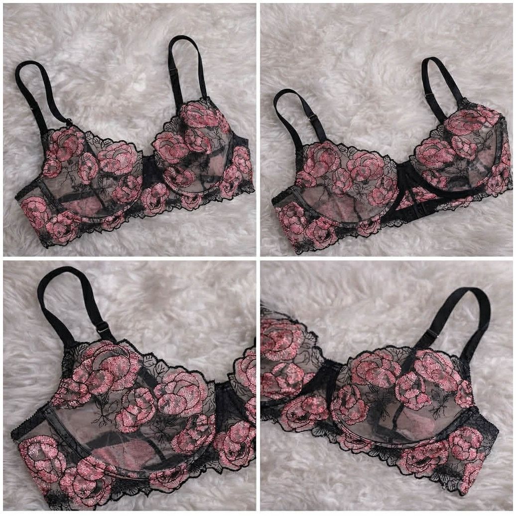 Other BRAND NEW Lace Mesh Black and Pink Rose Bra Lingerie Top 1XL Size ONE SIZE - 3 Thumbnail
